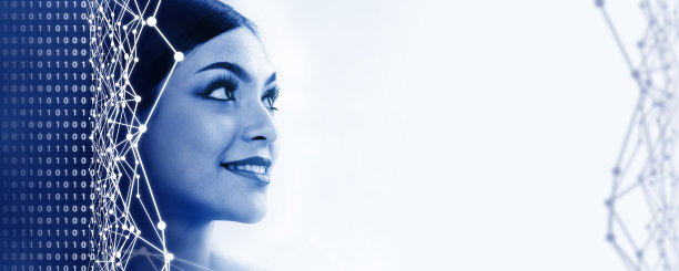 快乐的女人脸上微笑着用数字图形在蓝色调上孤立的白色图片下载