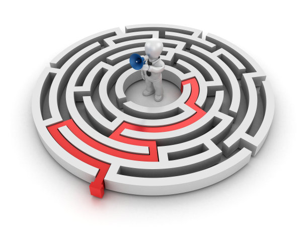 圆形迷宫与卡通商业人物与扩音器- 3D渲染图片下载