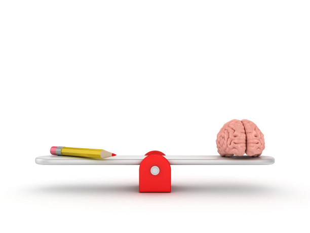 跷跷板规模与大脑和铅笔- 3D渲染图片下载