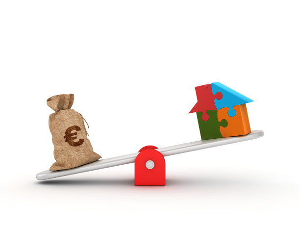 跷跷板规模与欧元金钱袋和迷惑房子- 3D渲染图片下载