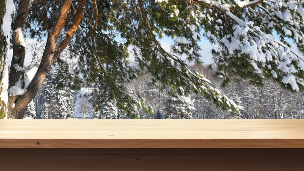 在一扇窗户的背景上，有一张空木桌，窗外是白雪皑皑的云杉树枝。图片下载