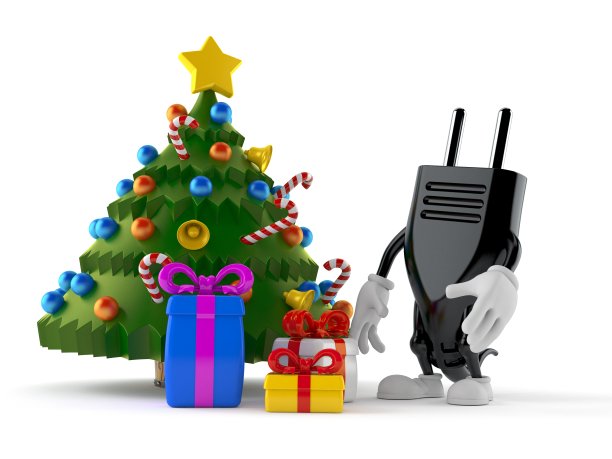 电插头character with christmas tree and gifts图片下载