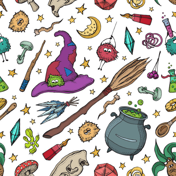 魔术师和炼金术工具的无缝模式:头骨，水晶，根，药水，羽毛，蘑菇，帽子。万圣节收集的巫术工具。手绘矢量插图上的紫色背景图片下载