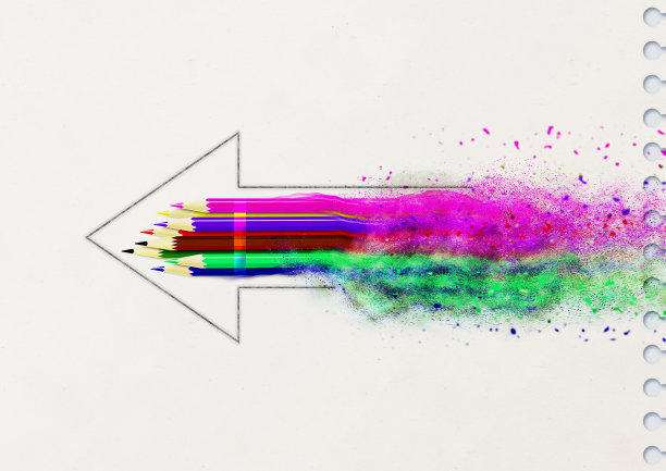 发射一枚与彩色铅笔捆在一起的抽象火箭图片下载