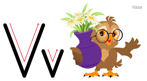 字母和图片。英语abc字母教育。可爱的猫头鹰鸟捧花瓶图片下载