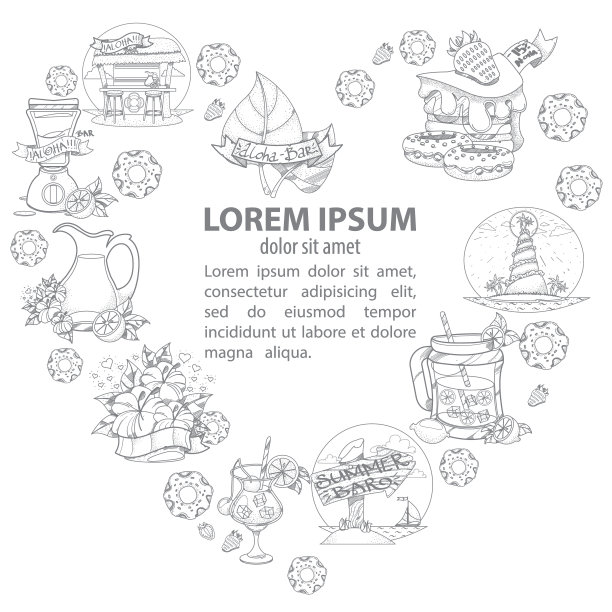 夏天的酒吧。海报的模板，小册子，一个心形的框架形式的夏季物品，糖果，饮料。一个关于夏季主题的方形横幅图片下载