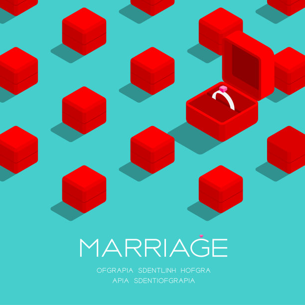 结婚戒指盒红色3D等距模式，婚姻概念海报和社会旗帜张贴广场设计插图孤立在绿色背景与复制空间，矢量eps 10图片下载