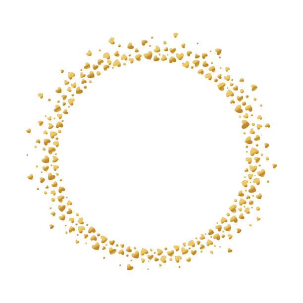 圆形框架与金色的五彩纸屑心和圈孤立在白色的背景。图片下载