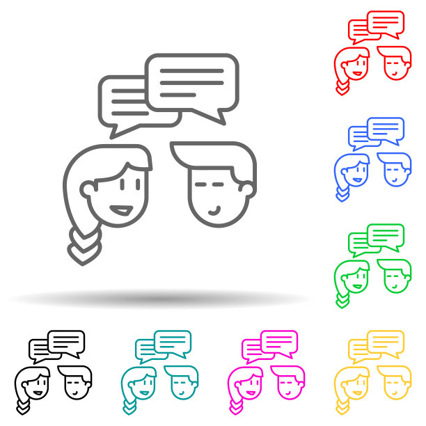 男孩女孩之间沟通多色风格图标。简单的细线，轮廓向量的用户界面和用户体验，网站或移动应用程序的友谊图标图片下载