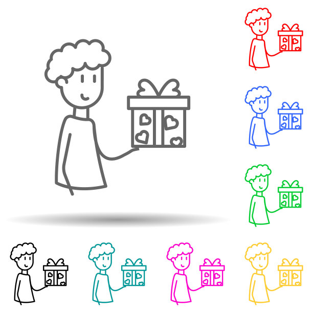 朋友送礼物多颜色风格图标。简单的细线，轮廓向量的用户界面和用户体验，网站或移动应用程序的友谊图标图片下载