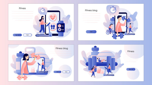 健身博客和健身应用程序的概念。运动。屏幕模板为手机智能手机，登陆页面，模板，ui, web，手机应用程序，海报，横幅，传单。现代平面卡通风格。矢量图图片下载