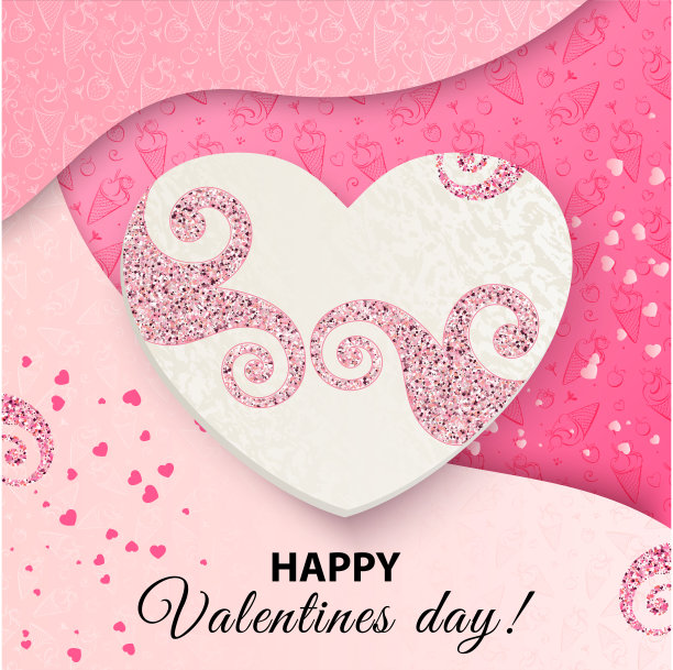 粉红色的心形带着闪闪发光的卷发和甜蜜的奶油图案。横幅为情人节，婚礼，爱情贺卡。图片下载