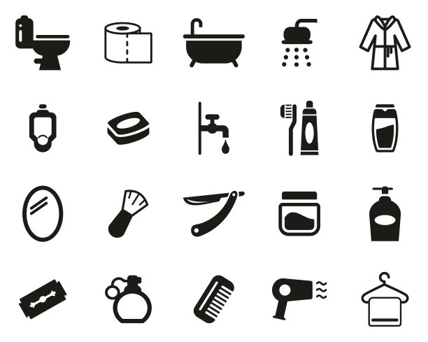 浴室或淋浴图标黑色和白色设置大图片下载