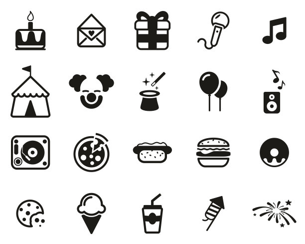 生日派对图标黑色和白色设置大素材图片