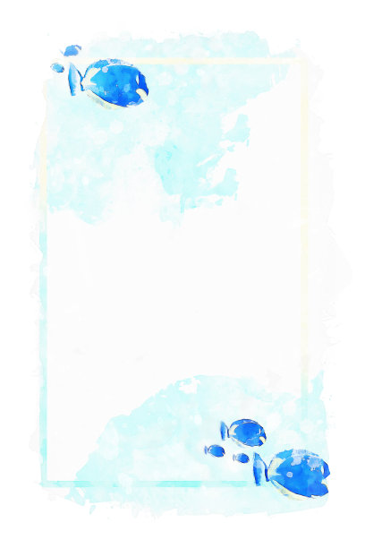 海鱼和框架上的蓝色水彩背景，蓝色色调图像，夏季水彩画图片下载