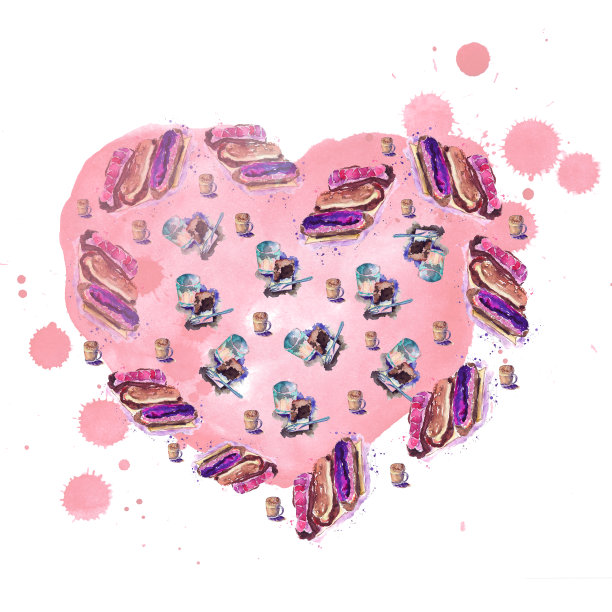 图案的蛋奶布朗尼泡芙和咖啡拿铁水彩素描插图组成图片下载