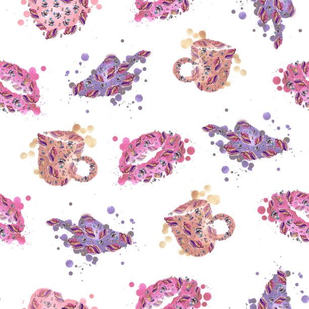 无缝模式的蛋奶布朗尼泡芙和拿铁咖啡-水彩素描插图图片下载