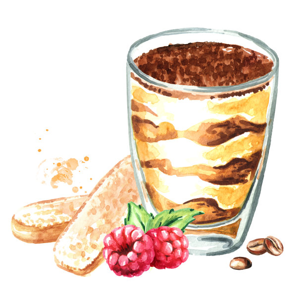提拉米苏在玻璃杯里，意大利传统甜品与萨沃亚尔迪饼干，咖啡豆和浆果。水彩手绘插图孤立的白色背景图片下载