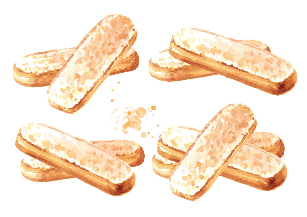 Savoiardi饼干或手指饼干套装。水彩手绘插图，孤立的白色背景图片下载