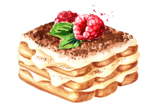 提拉米苏，意大利传统甜品和新鲜的覆盆子。水彩手绘插图孤立的白色背景素材图片