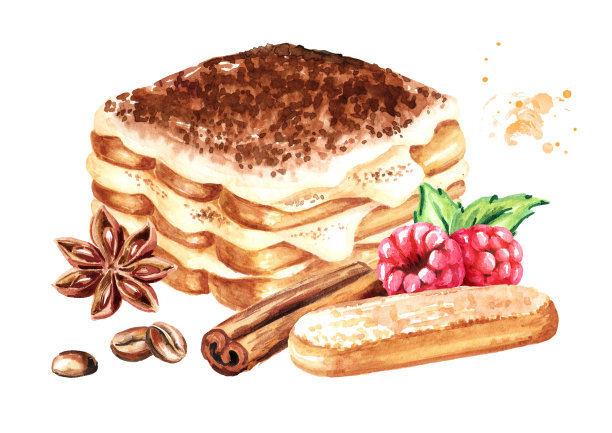 提拉米苏，意大利传统甜品，以新鲜的覆盆子装饰，佐以萨沃亚迪饼干和香料。水彩手绘插图孤立的白色背景图片下载
