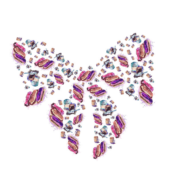 蝴蝶结咖啡甜点布朗尼蛋糕-手绘水彩插画组成图片下载