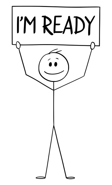 矢量卡通插图的快乐自信的人或商人持有我准备好了标志。图片下载