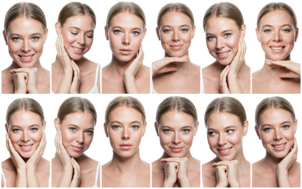 情绪化的女人面对拼贴画。美丽微笑的女人肖像图片下载