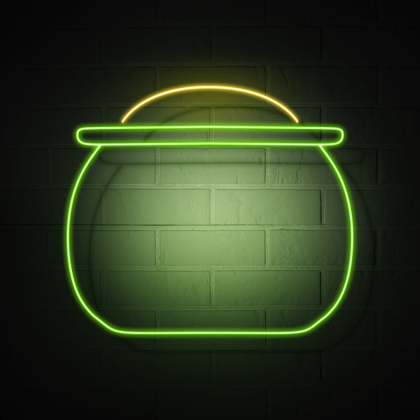 在砖墙旁有一个金罐形状的霓虹灯招牌。节日象征圣帕特里克节。图片下载