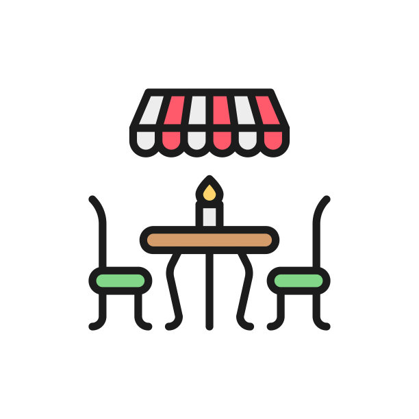 法国街头咖啡店平面颜色线图标。在白色背景上隔离素材图片