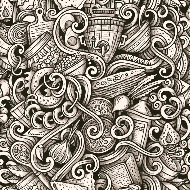 俄罗斯食品矢量手绘涂鸦无缝图案。图片下载