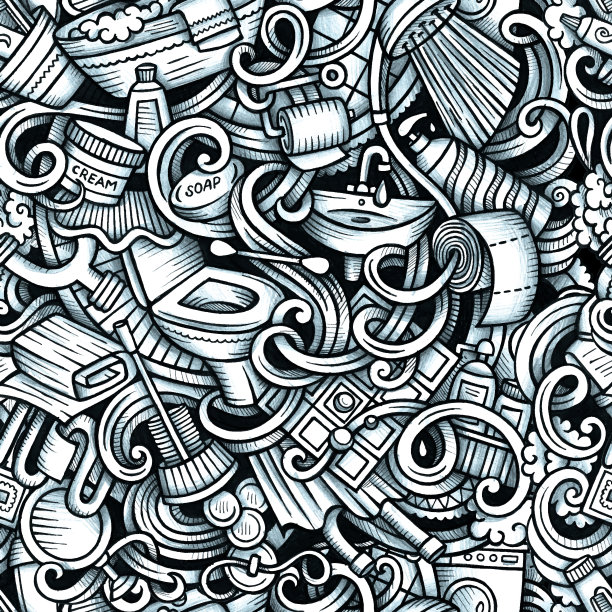 浴室矢量手绘涂鸦无缝图案。图形背景设计。图片下载