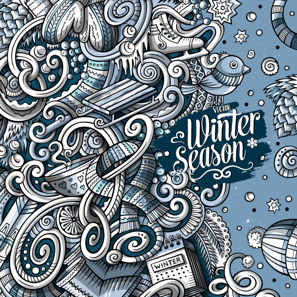 卡通可爱的涂鸦手绘冬季框架设计。图片下载