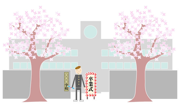 樱花树、校门和学童图片下载