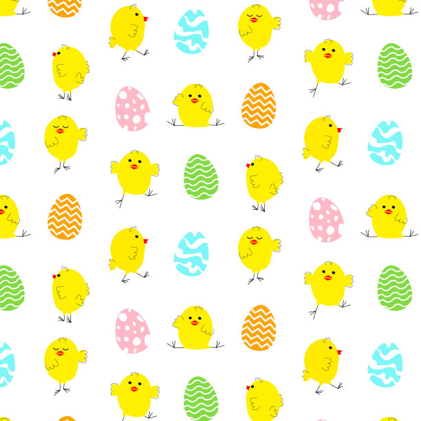 无缝图案的可爱的鸡与不同的姿态复活节彩蛋在白色的背景在明亮的颜色在儿童卡通风格。向量。图片下载