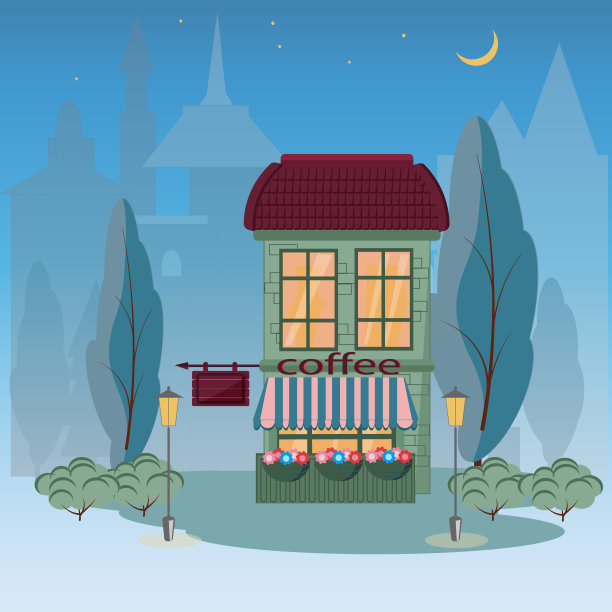 以老城为背景的复古风格的咖啡馆建筑。矢量图像横幅，明信片或邀请。晚上光线舒适的窗户。图片下载