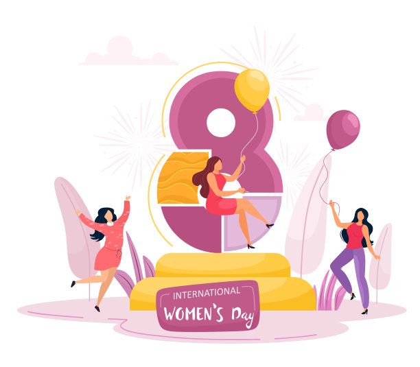 国际妇女节。妇女节的概念。女孩在妇女的节日，矢量插图在卡通扁平风格。白色背景,字体。图片下载