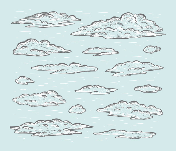 矢量草图集的手绘云孤立在蓝色的背景。图片下载