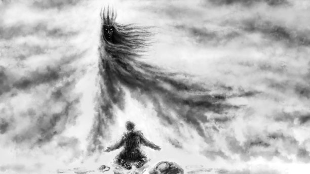 黑暗女神和一个跪倒在她面前的男人。图片下载