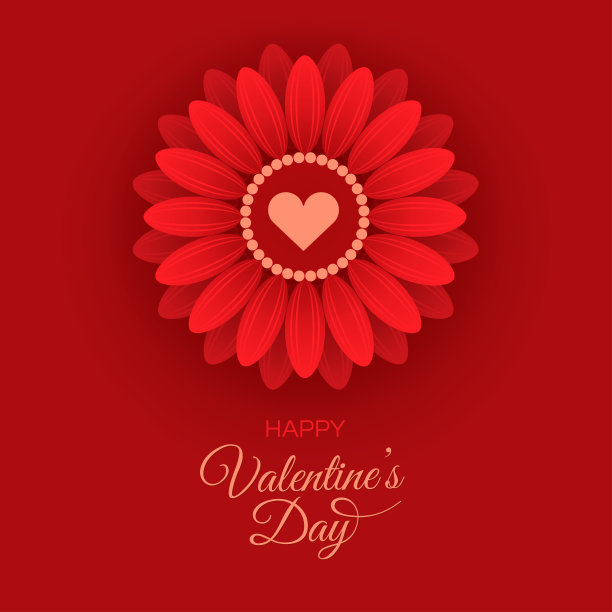 情人节贺卡模板。红色的花，白色的心，和文字孤立在暗红色的背景。图片下载