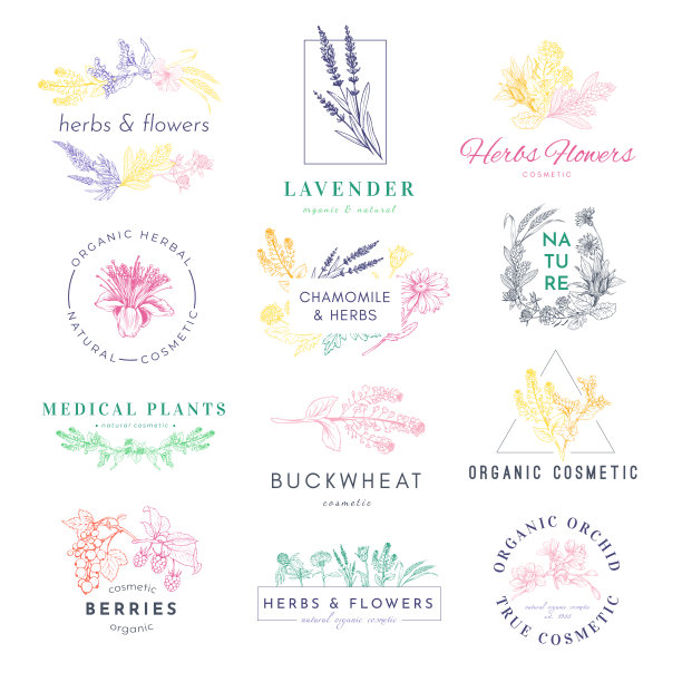 有机化妆品标志产品手绘矢量集图片下载