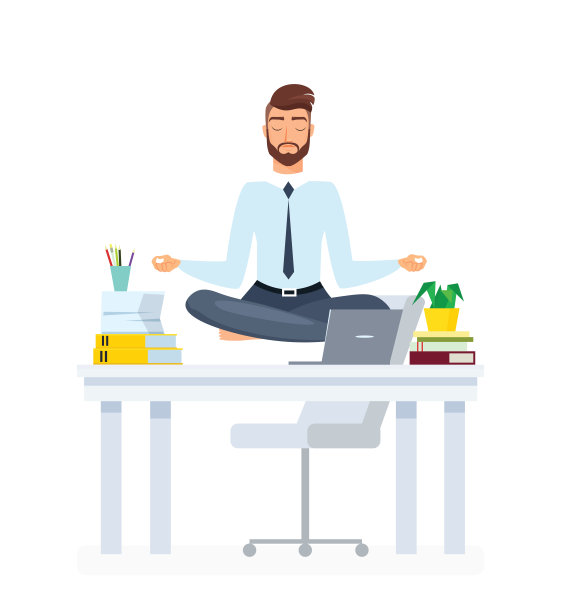 沉思的办公室员工平面插图。商人练习瑜伽卡通矢量人物。工作人员放松，减压，休息休息，有益运动锻炼，静下心来想法。图片下载