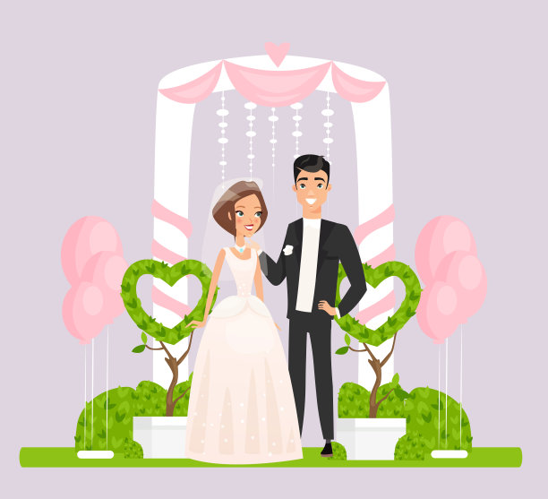 仪式拱门与婚礼夫妇平面矢量插图图片下载