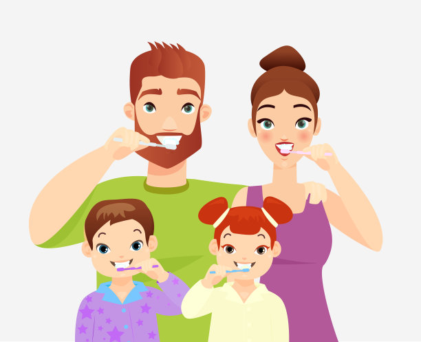 家庭刷牙平面矢量插图。父母和孩子用牙刷刷牙的卡通人物。配偶教女儿和儿子口腔卫生。家庭医疗保健习惯。图片下载