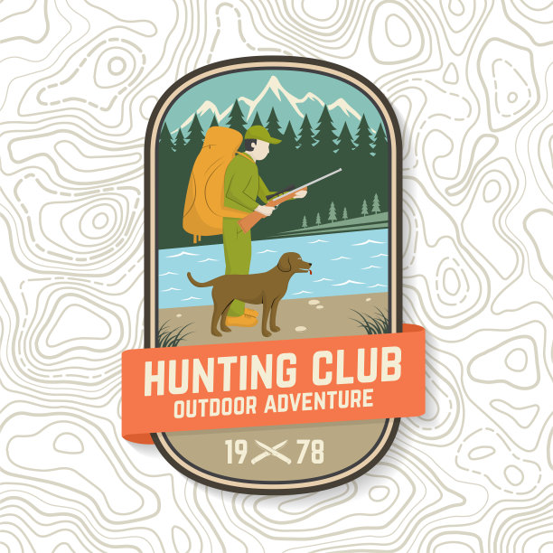 狩猎俱乐部的徽章。矢量概念的衬衫，标签，打印，邮票。复古排版设计与猎人，狗，猎枪，山和森林。户外探险狩猎俱乐部会徽图片下载