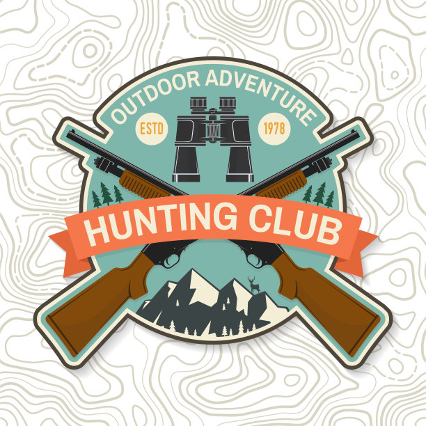狩猎俱乐部。向量。概念衬衫或标签，印花或t恤。复古排版设计与猎枪，双筒望远镜，山和森林剪影。户外探险狩猎俱乐部会徽图片下载