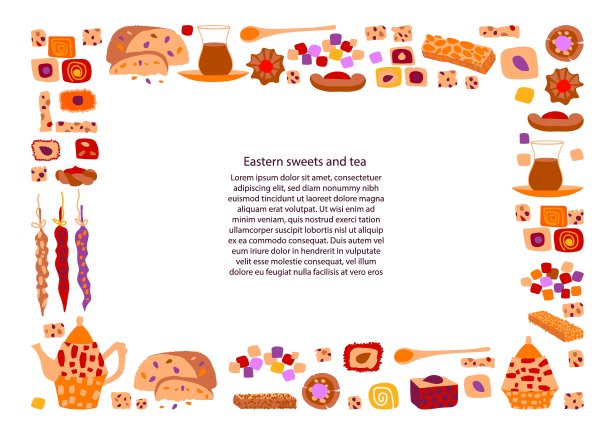 矢量水平框架与阿拉伯糖果和东方茶党。在卡片或海报上放一些文字，作为假日邀请函。水壶，茶和在卡通扁平风格孤立在一个白色的背景图片下载