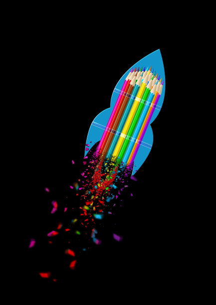 用彩色铅笔做燃料的抽象火箭图片下载