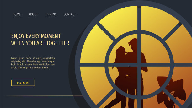 网页设计模板与人的轮廓后面的大圆形窗口。情侣相爱，浪漫，浪漫的夜晚概念。图片下载