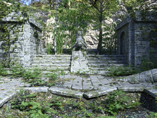 废弃的寺庙废墟在森林3D插图图片下载